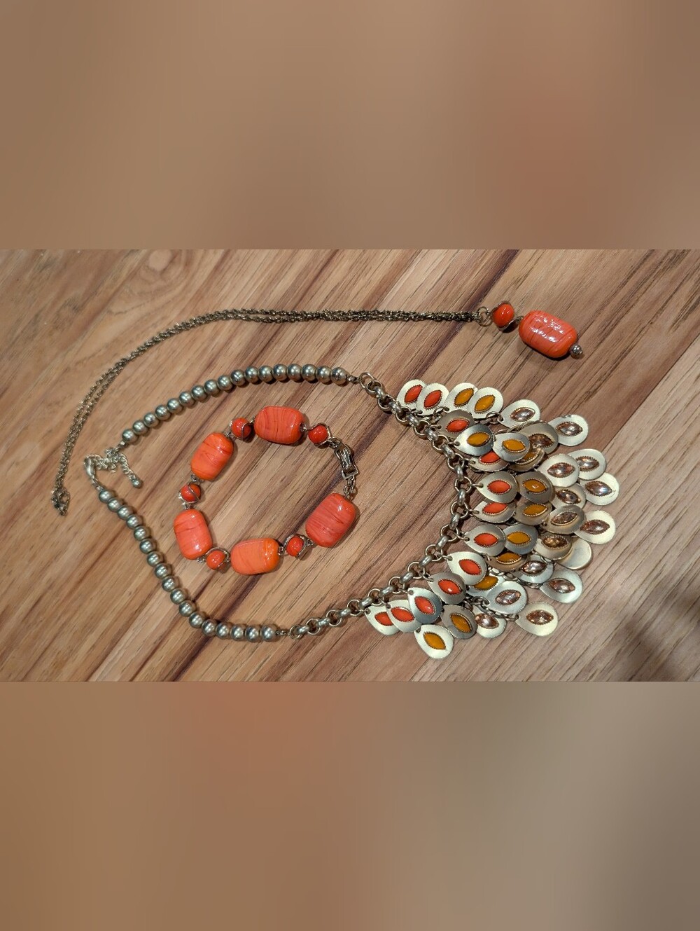 Coral Orange Beaded Art Glass  Necklace and Bracelet Set